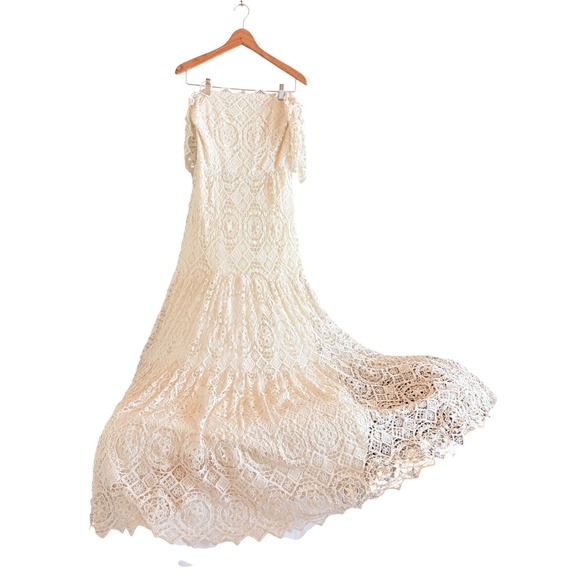 Kite & Butterfly Guipure lace Crochet Off Shoulder Ivory Wedding Gown Boho Beach - Picture 5 of 17